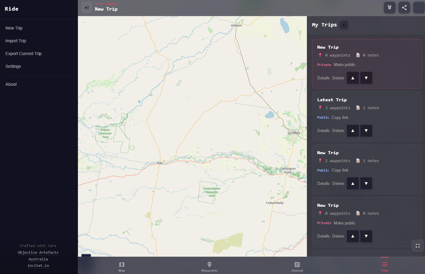 Ride app — map view with waypoints and route